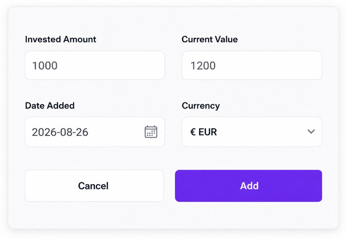 Enter invested amount, current value, date and currency then tap Add